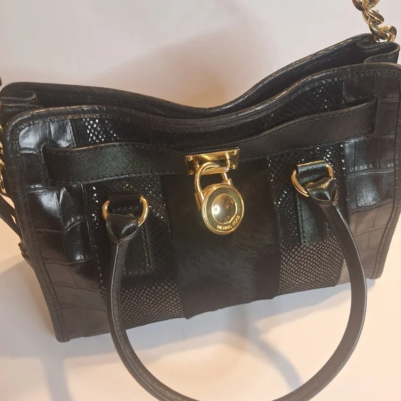 Michael Kors  Mixed Media Haircalf Black Leather Shoulder Bag with Gold Details - Picture 3 of 14